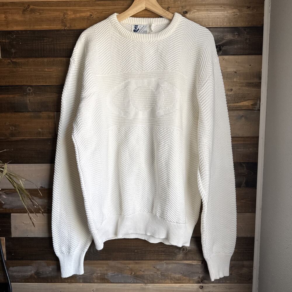 Vintage Mailman Custom Knit Sweater Men Large Cream Off White Textured Embossed